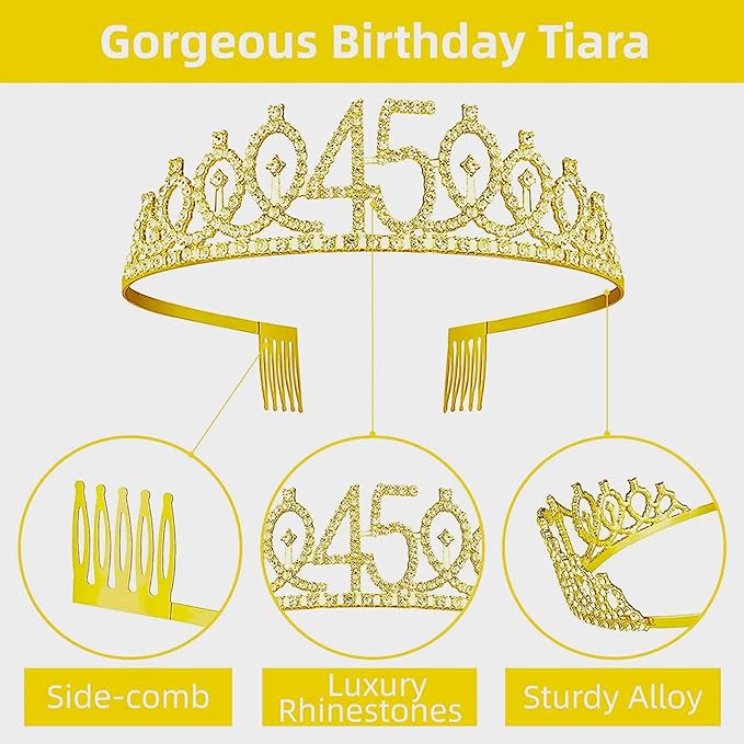 45th Birthday Decorations for Her Girls Set, Include 45th Birthday Crown and 45 Sash, 45th Birthday Cake Topper and 45 Birthday Candles, Gold 45 Balloons, Women 45th Party Supplies(Gold)