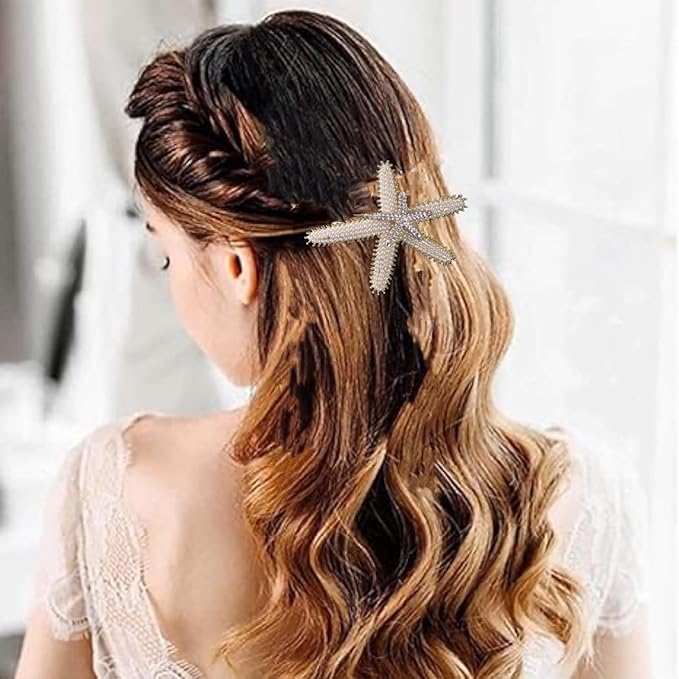 Pearl Starfish Hair Clip, Rhinestone Crystal Sea Star Hair Pins Alligator Barrettes Ponytail Holder Bride Beach Wedding Headpiece, Mermaid Costume Accessories for Women Girls(K)