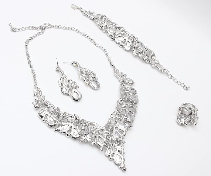 Jewelry Set for Women, Statement Necklace Dangle Earrings Bracelet Ring, White/KC Gold Plated Jewelry Set with Rhinestone Pearl Crystal Wedding Party Jewelry for Bridal Bridesmaid