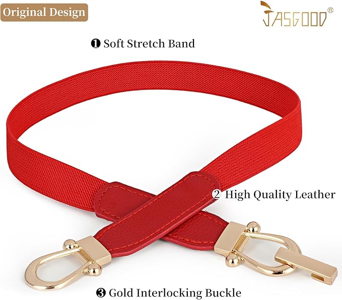 JASGOOD Women Skinny Elastic Belt for Dresses,Thin Retro Stretch Waist Belt with Golden Buckle
