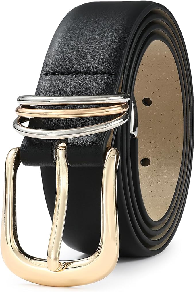 Women's Leather Belts with Gold Buckle Fashion Leather Waist Belt Elegant Ladies Belts for Jeans Dress & Casual Wear