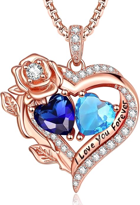 Rose Heart Necklaces for Women, Rose Gold Forever Love Jewelry with 2 Birthstones Pendant, Christmas Anniversarry Birthday Gifts for Her Wife Mom Grandma, 18+2 Inch Chain