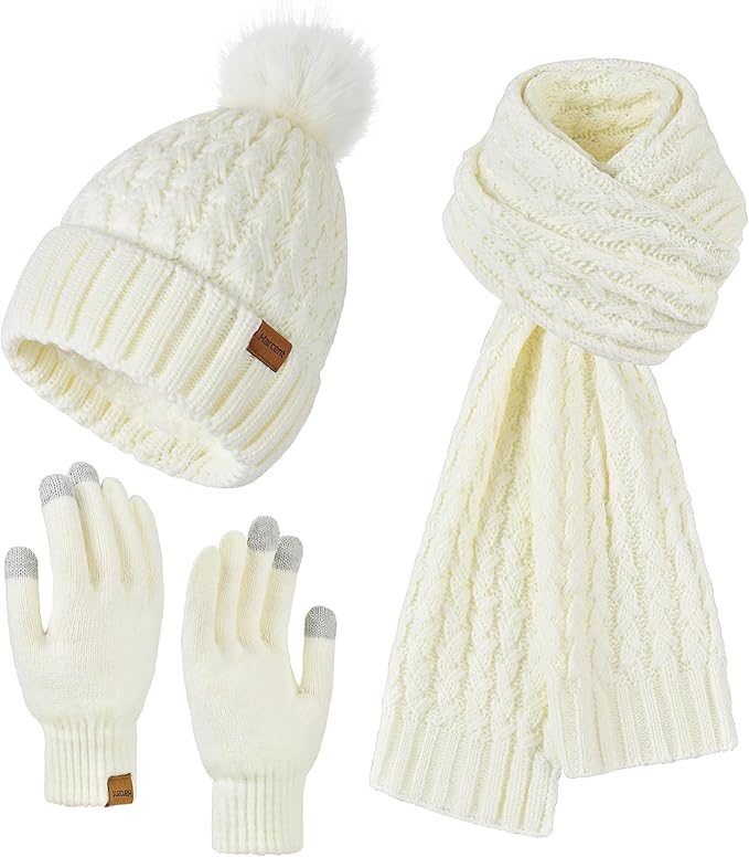 Womens Winter Warm Beanie Hat Long Neck Scarf and Touchscreen Gloves Set with Fleece Lined Pom Skull Caps for Women