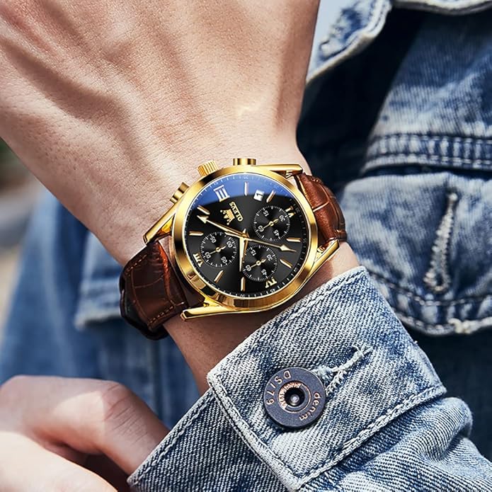 OLEVS Men's Watches Brown Leather with Date,Casual Watches for Men,Large Face Watches Men,Chronograph Mens Watch,Sport Waterproof Business Dress Analog Quartz Men's Wrist Watches Reloj De Hombre