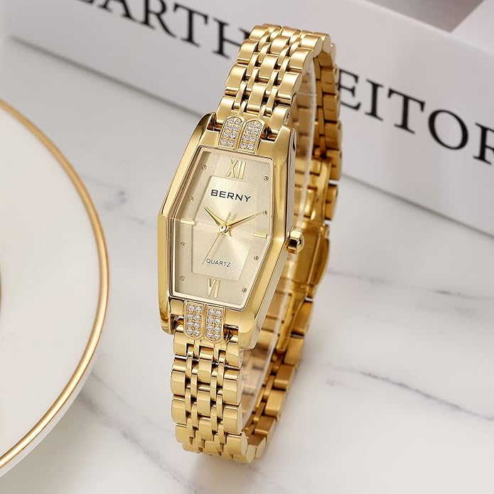 BERNY Gold Watches for Women Dainty Hexagon Ladies Quartz Wrist Watches Stainless Steel Band Fashion Analog Watch Luxury Bracelet