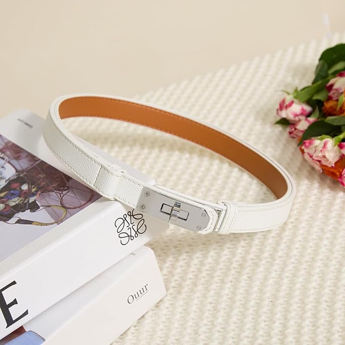 Skinny Leather Belts for Women with Adjustable Silver Turn-Lock Buckle for Dresses Jeans and Pants