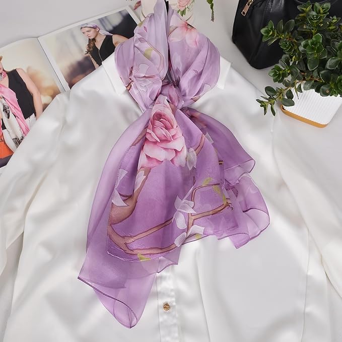 100% Mulberry Silk Women's Neck Silk Scarf-Lightweight Shawl,FLoral Print Beach Silk Wrap-Scarves for Photography