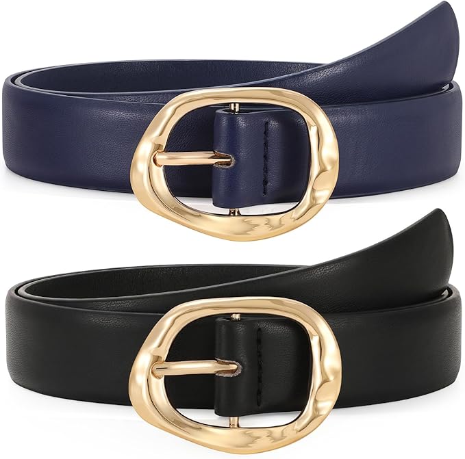 TRIWORKS 2 Pack Leather Belts for Women Fashion Waist Belt with Liquid Shapes Women Belt for Jeans Pants Dresses