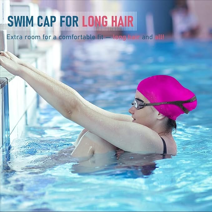 Womens Silicone Swim Cap for Long Hair,3D Ergonomic Design Silicone Swimming Caps for Women Kids Men Adults Boys Girls with Ear Plug and Nose Clip