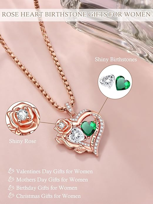 Rose Heart Necklaces for Women, Rose Gold Forever Love Jewelry with 2 Birthstones Pendant, Christmas Anniversarry Birthday Gifts for Her Wife Mom Grandma, 18+2 Inch Chain
