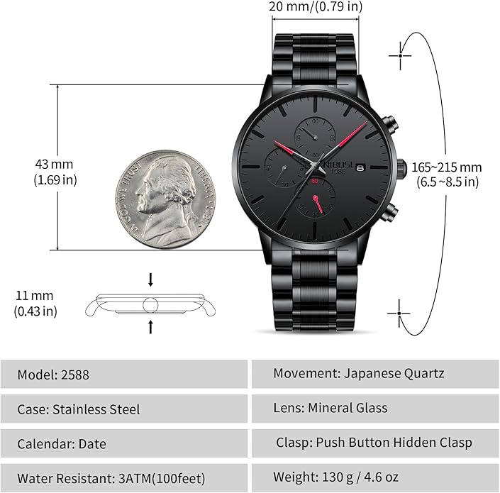 NIBOSI Men's Watches Analog Minimalist Black Dial Watches for Men Business Chronograph Military Casual Wrist Watches Stainless Steel Strap Date