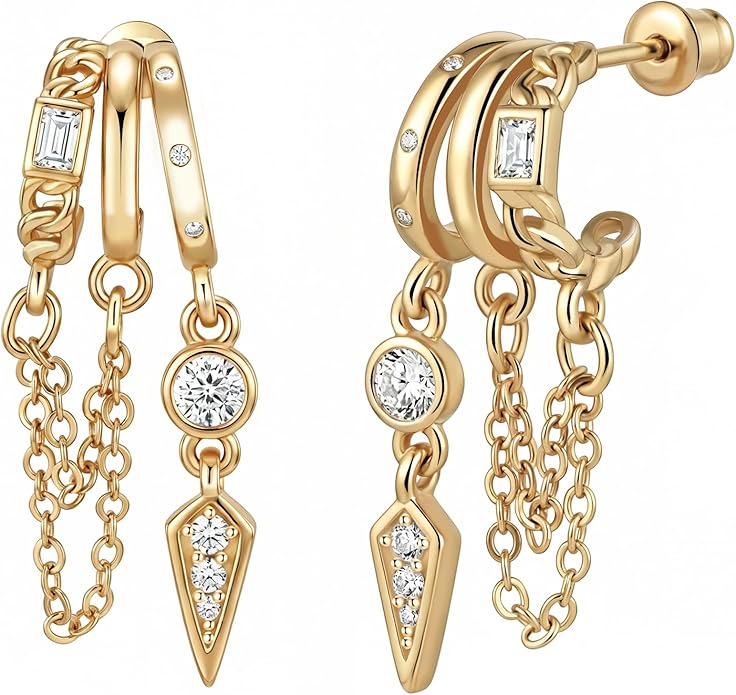 14K Gold Plated Hoop Earrings for Women Triple Huggie Illusion Stud Earring | Double Huggie Hoop Earrings for One Hole | Claw Ear Cuff Earring Jewelry Gift for Women
