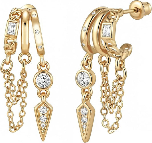 14K Gold Plated Hoop Earrings for Women Triple Huggie Illusion Stud Earring | Double Huggie Hoop Earrings for One Hole | Claw Ear Cuff Earring Jewelry Gift for Women