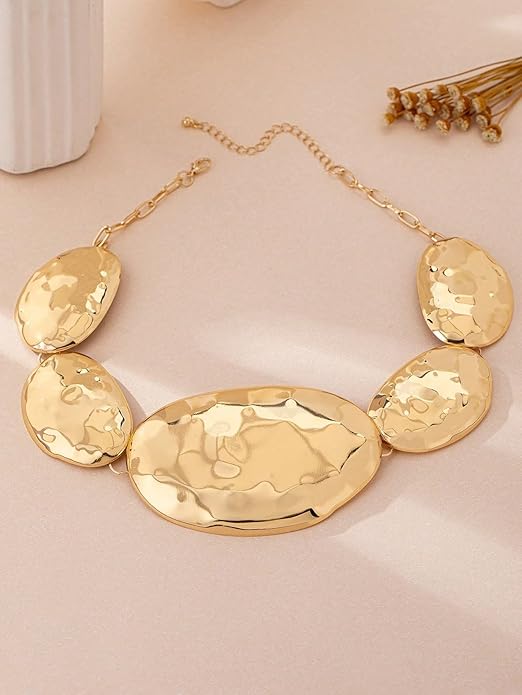 Statement Necklace Earrings Set, 2pcs Geometric Asymmetrical Hammered Texture Graduated Size Extra Long Pendant Necklace & Earrings Jewelry Gifts