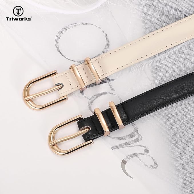 2 Pack Women Skinny Leather Belts for Jeans Pants Thin Faux Leather Belt with Gold Buckle
