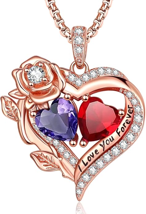 Rose Heart Necklaces for Women, Rose Gold Forever Love Jewelry with 2 Birthstones Pendant, Christmas Anniversarry Birthday Gifts for Her Wife Mom Grandma, 18+2 Inch Chain