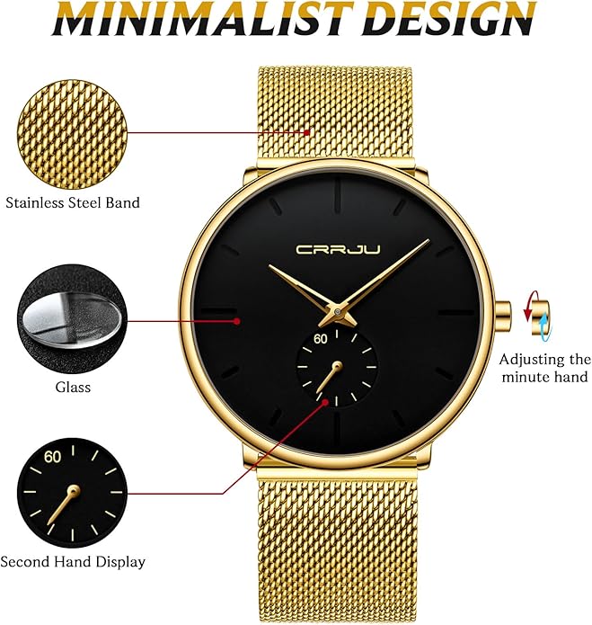 Mens Watches Ultra-Thin Minimalist Waterproof - Fashion Wrist Watch for Men Unisex Dress with Stainless Steel Mesh Band