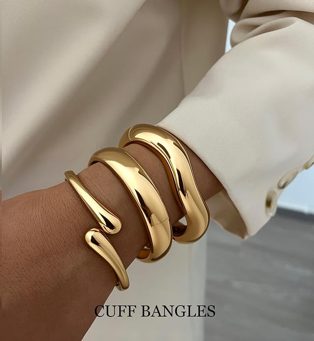 Chunky Gold Bangle Bracelets for Women, 14k Gold Plated Dainty Cuff Stackable Bangles Set, Trendy Bracelet Stack Fashion Jewelry Gifts