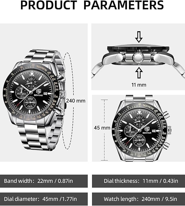 BY BENYAR Watch for Men Analog Quartz Chronograph Waterproof Luminous Designer Mens Wrist Watches Business Work Sport Casual Dress Watch with Silicone Strap Elegant Gifts for Men