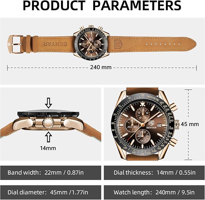 BY BENYAR Watch for Men Analog Quartz Chronograph Waterproof Luminous Designer Mens Wrist Watches Business Work Sport Casual Dress Watch with Silicone Strap Elegant Gifts for Men