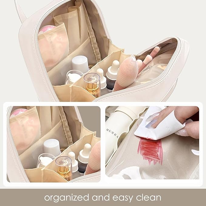 coldchill Travel Makeup Bag, Large Capacity Cosmetic Bags, Waterproof Portable Pouch, Open Flat Toiletry Bag Make up Organizer with Divider and Handle for Women and Girls (White)