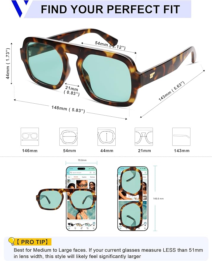VANLINKER Oversized Retro Square Aviator Sunglasses for Women Men 70s Vintage Style Trendy Big Flat Top Sun Glasses VL9826