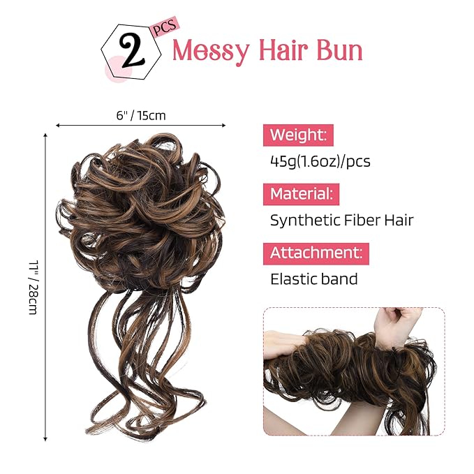 HOOJIH 2PCS Messy Bun Hair Piece, Tousled Updo with Tendrils and Wavy Curly Hair Wrap Ponytail Hairpieces for Women - HB010 Dasiy - Black Brown with highlights