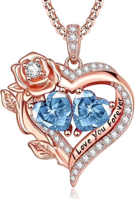Rose Heart Necklaces for Women, Rose Gold Forever Love Jewelry with 2 Birthstones Pendant, Christmas Anniversarry Birthday Gifts for Her Wife Mom Grandma, 18+2 Inch Chain