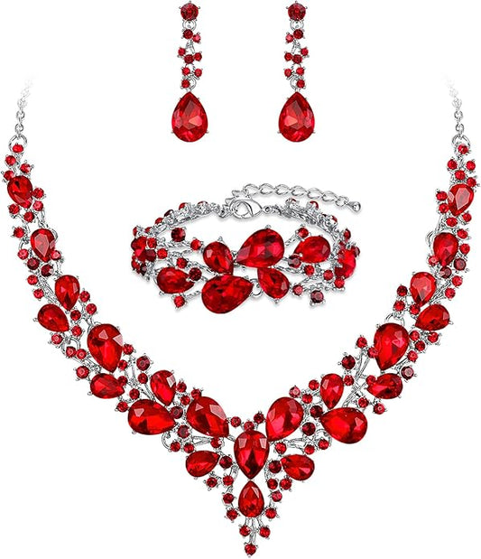 BriLove Wedding Bridal Jewelery for Women Austrian Crystal Teardrop Cluster Statement Necklace Dangle Earrings Link Bracelet Set
