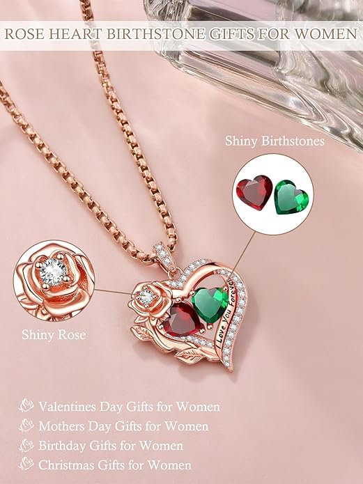 Rose Heart Necklaces for Women, Rose Gold Forever Love Jewelry with 2 Birthstones Pendant, Christmas Anniversarry Birthday Gifts for Her Wife Mom Grandma, 18+2 Inch Chain