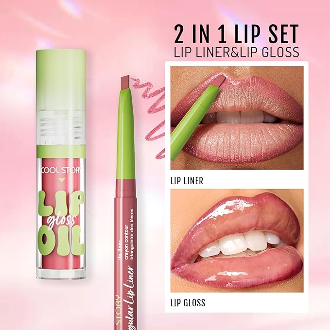 Pink Lip Liner Lip Oil Gloss Click Clear Shimmer, Long Wear Makeup Fat Oil Set With Natural Oils for Nourishment, Moisturizing Lip Lipstick Gloss Lip Liner Pencil Combo Set