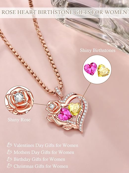 Rose Heart Necklaces for Women, Rose Gold Forever Love Jewelry with 2 Birthstones Pendant, Christmas Anniversarry Birthday Gifts for Her Wife Mom Grandma, 18+2 Inch Chain