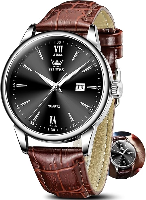 OLEVS Men Leather Watch,Mens Wrist Watches,Big Face Watches for Men,Leather Band Watches for Men,Day Date Watches for Men,Waterproof Watches for Men,Men Classic Watch,Reloj para Hombres