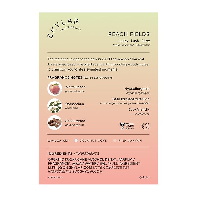 Skylar Peach Fields Eau de Parfum - Hypoallergenic & Clean Perfume for Women & Men, Vegan & Safe for Sensitive Skin - Sweet Perfume with Notes of Mandarin, Grapefruit, White Peach - 50mL /1.7 Fl oz