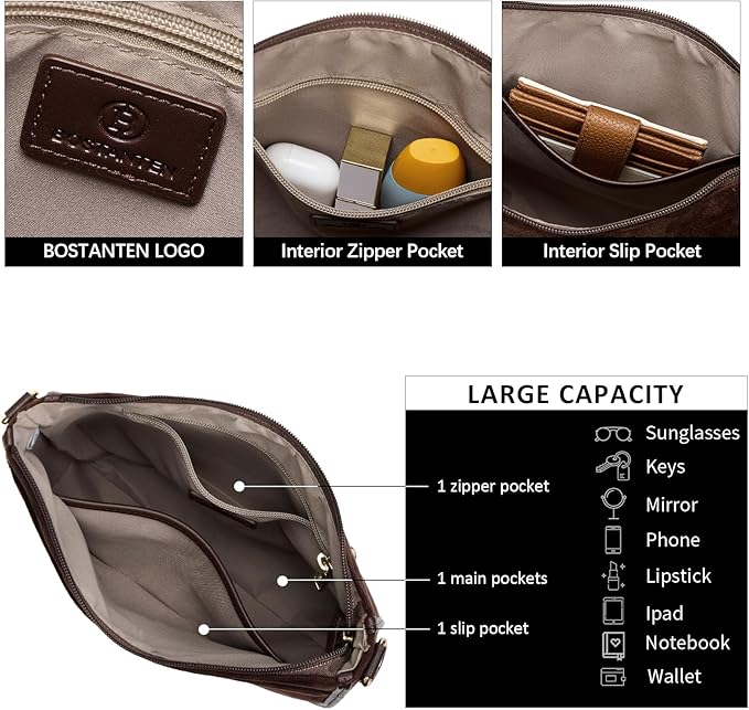 BOSTANTEN Crossbody Bags for Women Trendy Vegan Leather Hobo Purses Shoulder Handbags With Wide Shoulder Strap