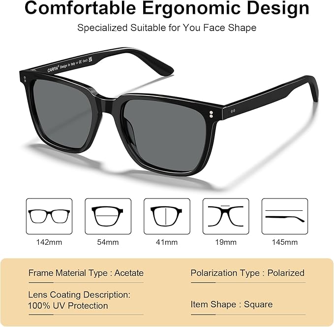 CARFIA Polarized Sunglasses for Women: Acetate, Small/Medium Size, UV400 Anti Glare CA5354