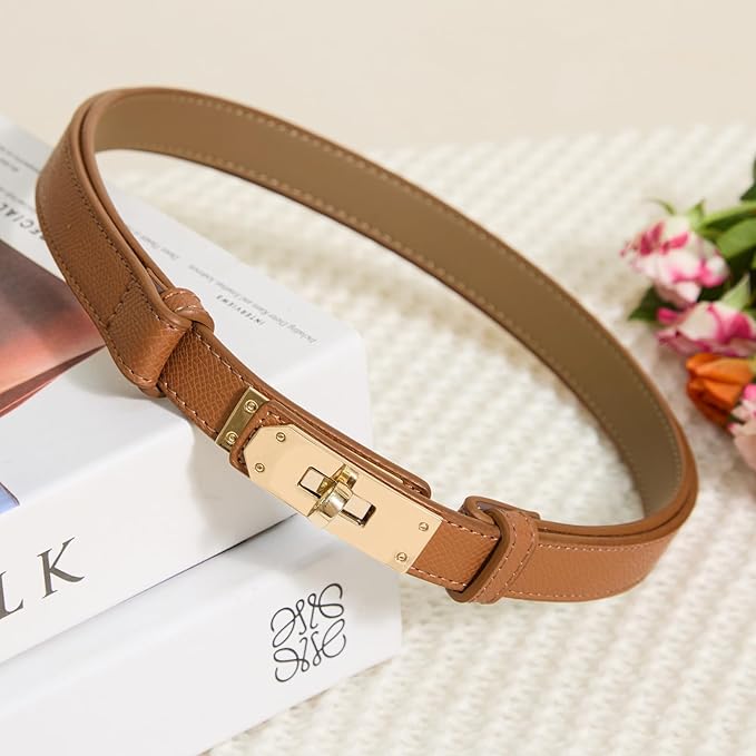 Skinny Leather Belts for Women with Adjustable Silver Turn-Lock Buckle for Dresses Jeans and Pants