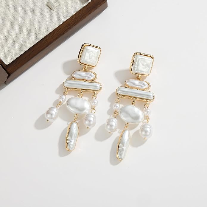 Statement Pearl Dangle Earrings,Gold and Large Pearl,Luxury Chandelier Organic Style Earrings