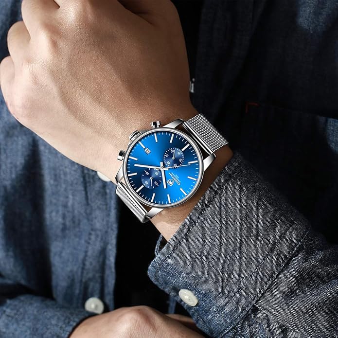 GOLDEN HOUR Mens Watch Fashion Sleek Minimalist Quartz Analog Mesh Stainless Steel Waterproof Chronograph Watches for Men with Auto Date