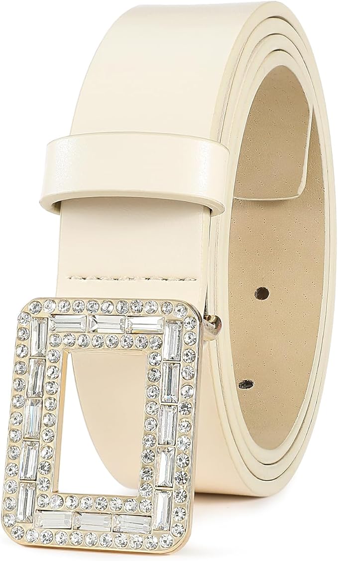 Womens White Belts with Gold Buckle Leather Belts for Women Ladies Fashion Waist Belt