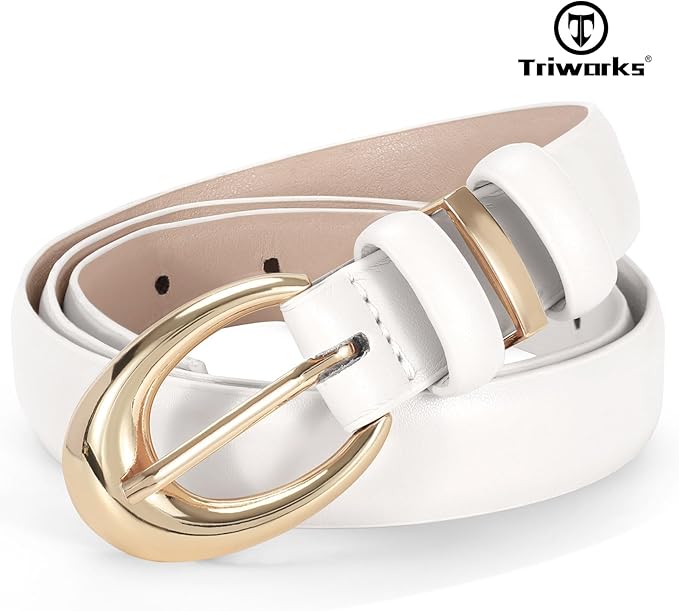TRIWORKS Women Leather Belt for Jeans Pants Fashion Ladies Skinny Faux Leather Dress belt with Gold Buckle