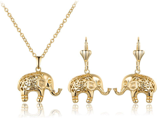 Barzel 18K Gold Plated Filigree Elephant Earrings and Necklace Jewelry Set