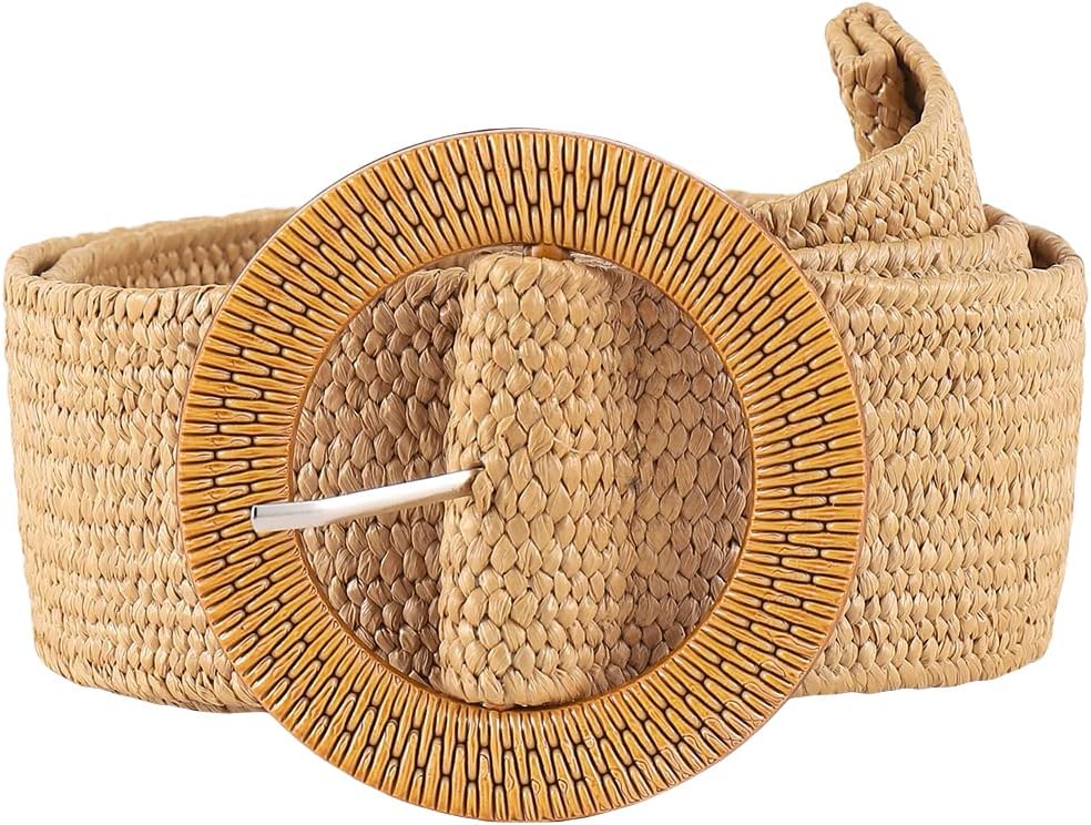 Verdusa Women's Western Belt Cowgirl Boho Straw Belts Round Buckle Elastic Waist Belt