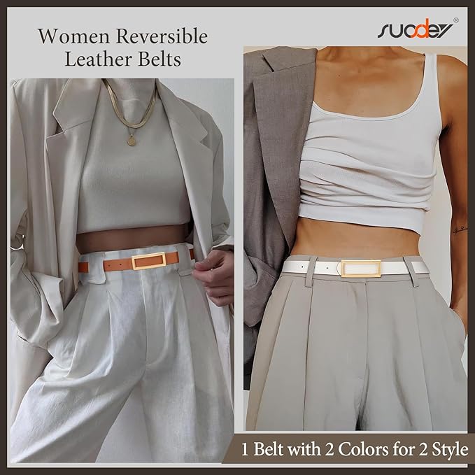 SUOSDEY Women Reversible Leather Belts for Jeans Pants Dresses Ladies Fashion Belts with Gold Buckle, 0.9" Width
