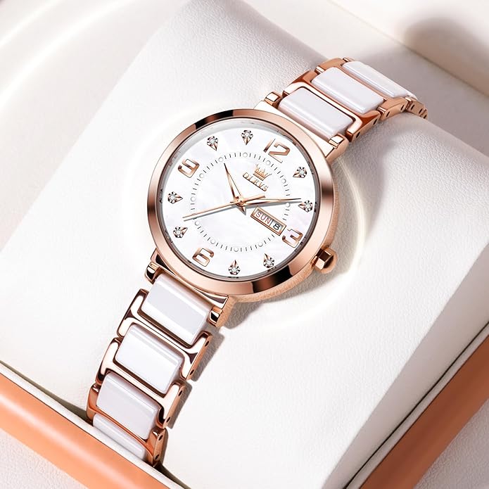 OLEVS Womens Ceramic Watch Luxury Shinning Diamond Rose Gold Watch for Women Analog Quartz Ladies Dress Watches Casual Waterproof Wrist Watches for Woman with Day Date Reloj para Mujer