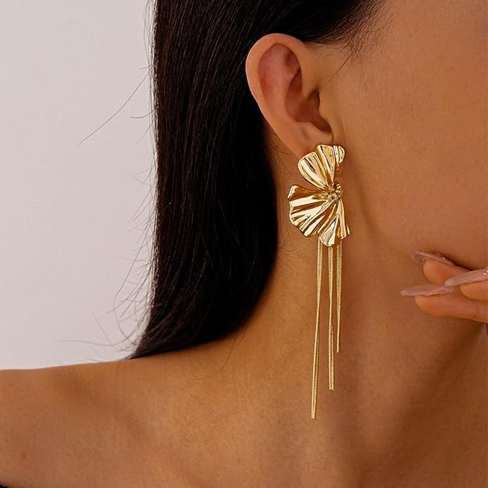 Chunky Flower Earrings 14K Gold Plated Geometry Petal Earrings Vintage Hollowing Out Layered Dangle Earring Fashion Exaggeration Jewelry for Women