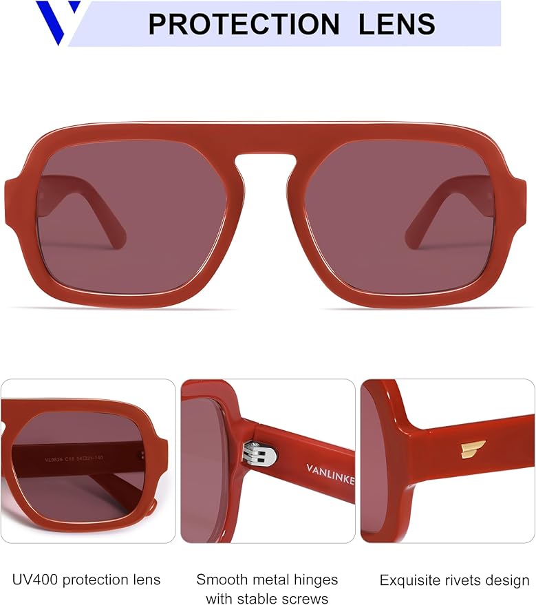 VANLINKER Oversized Retro Square Aviator Sunglasses for Women Men 70s Vintage Style Trendy Big Flat Top Sun Glasses VL9826