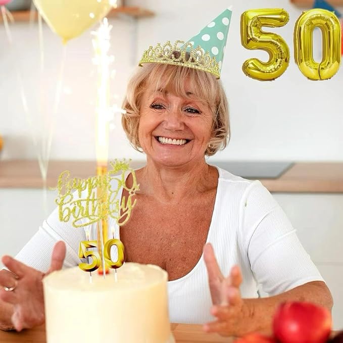 50th Birthday Decorations for Her Girls Set, Include 50th Birthday Crown and 50 Sash, 50th Birthday Cake Topper and 50 Birthday Candles, Gold 50 Balloons, Women 50th Party Supplies(Gold)