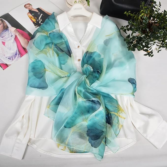100% Mulberry Silk Women's Neck Silk Scarf-Lightweight Shawl,FLoral Print Beach Silk Wrap-Scarves for Photography