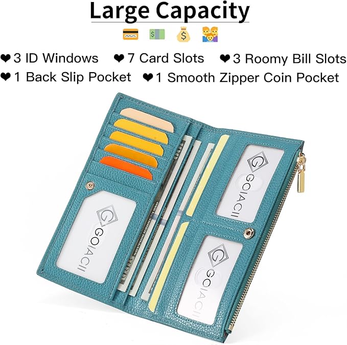 Slim Blue Wallet for Women, RFID Blocking Genuine Leather Bifold with Secure Zippered Coin Pocket (Blue)